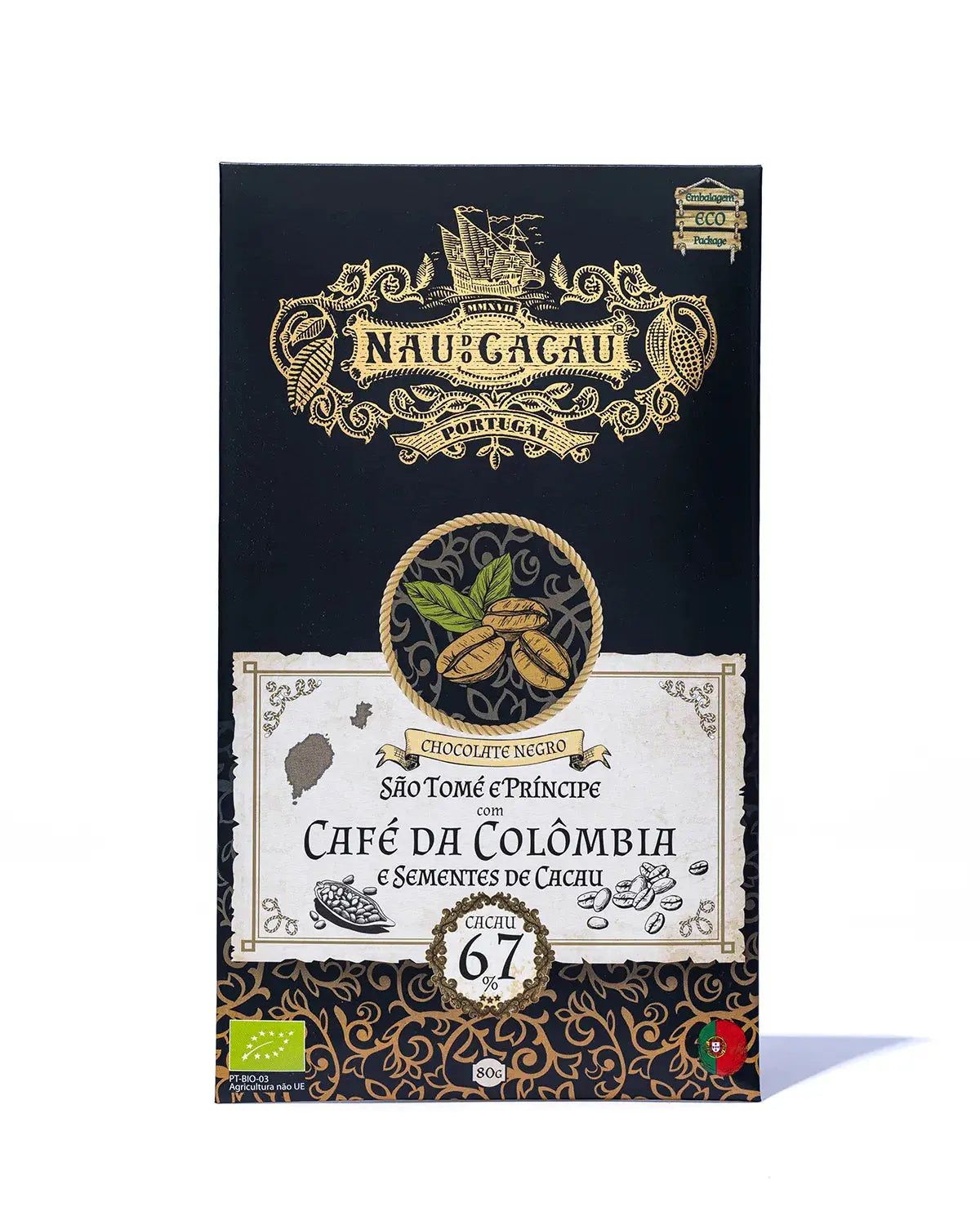 Tablete Chocolate Negro São Tomé e Príncipe 66% com Café da Colômbia e Sementes de Cacau Loja do Castro
